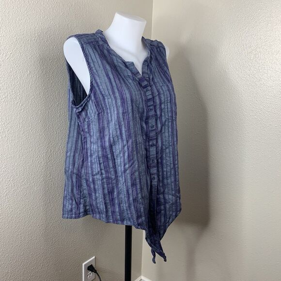 Ariat Sleeveless Top Knot Tie Button Front Women’s Sz XL Denim Blue Stripe Shirt - Picture 1 of 7